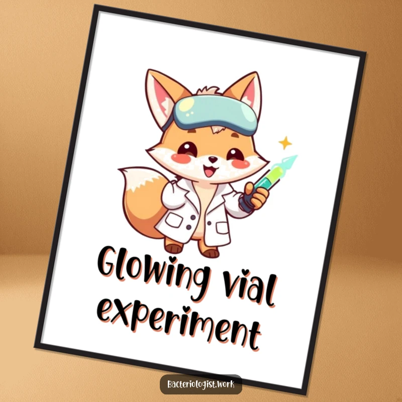 Funny scientist fox in a lab coat, smiling and injecting a glowing liquid, high-resolution humorous digital art.