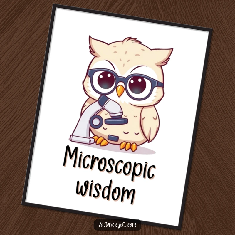 Funny scientist owl wearing spectacles, thoughtfully peering at a microscope, high-resolution humorous digital art.