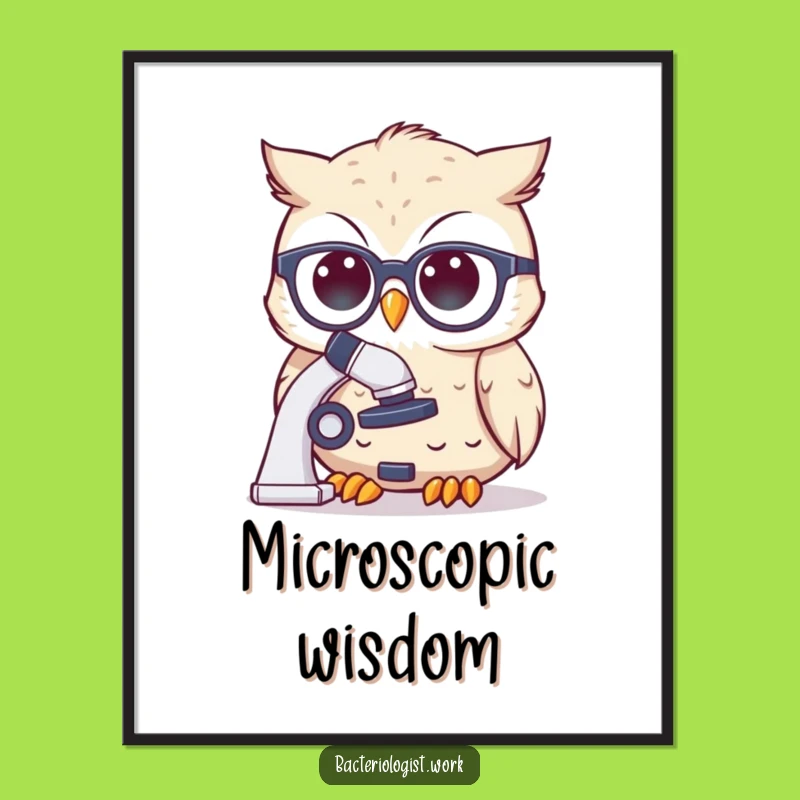 Funny Scientist Owl Digital Art Print: Spectacles Character Peering at Microscope, Instant Funny Gift