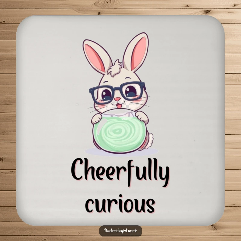 Funny scientist bunny wearing glasses, cheerfully examining a swirling petri dish, a protective and amusing drink coaster.