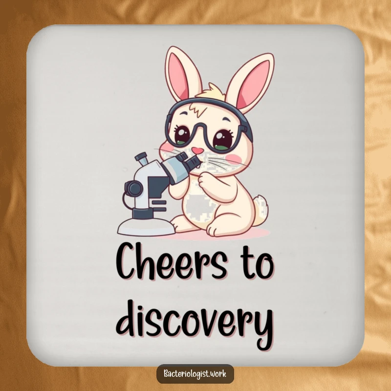 Funny rabbit bacteriologist coasters, protecting surfaces with a wide-eyed scientist rabbit, humorous home decor, excellent gift.