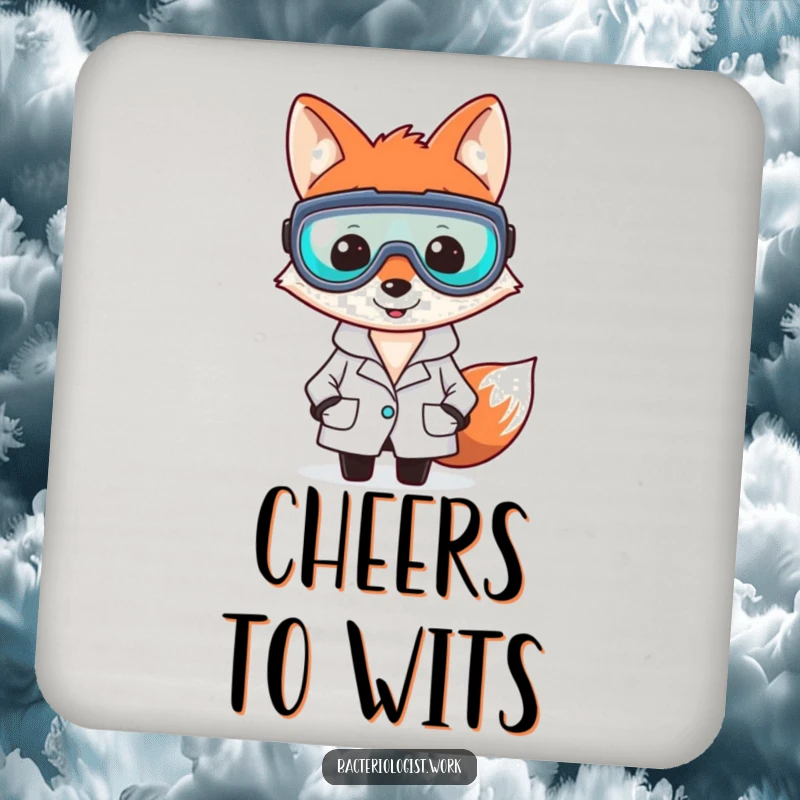 Funny fox bacteriologist coasters, protecting surfaces with a smiling fox in lab gear, humorous home decor, excellent gift.