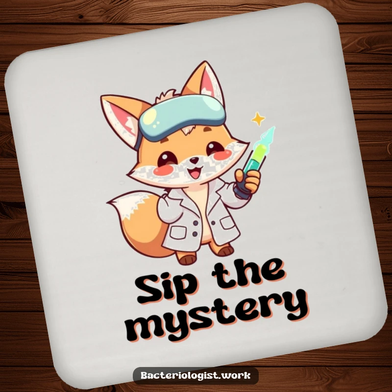 Funny scientist fox in a lab coat, smiling and injecting a glowing liquid, a protective and amusing drink coaster.