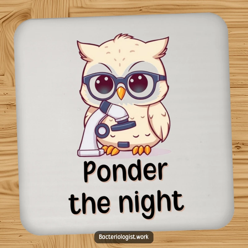 Funny scientist owl wearing spectacles, thoughtfully peering at a microscope, a protective and amusing drink coaster.