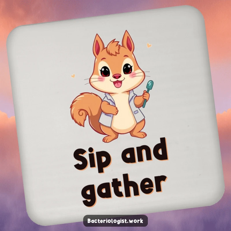 Funny squirrel bacteriologist coasters, protecting surfaces with a playful squirrel drawing samples, humorous home decor, excellent gift.