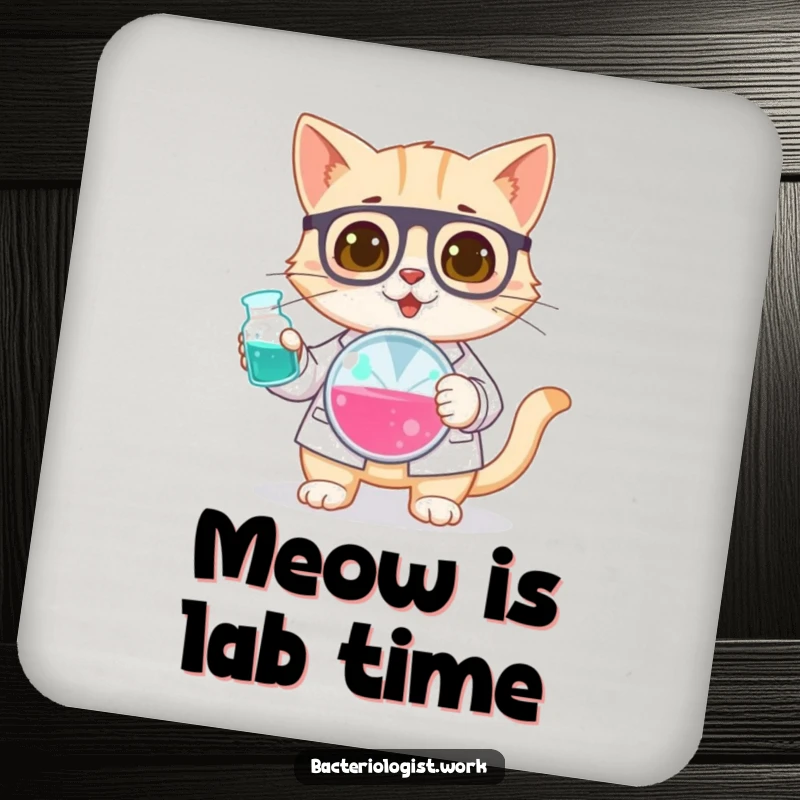 Funny cat bacteriologist coasters, protecting surfaces with a curious cat holding a petri dish, humorous home decor, excellent gift.
