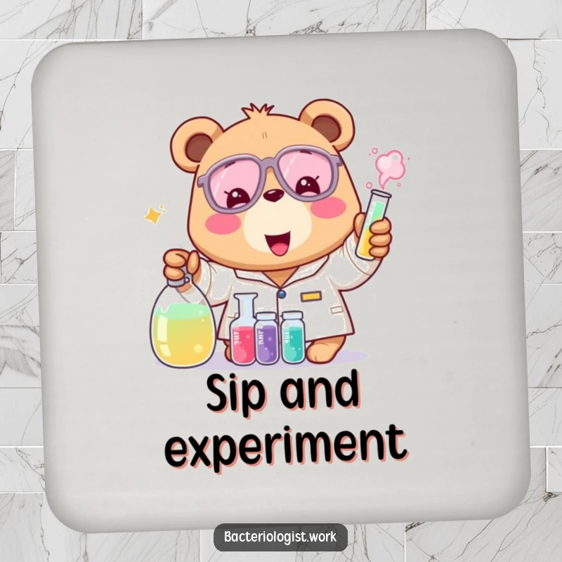 Funny bear bacteriologist coasters, protecting surfaces with a cheerful mixing bear, humorous home decor, excellent gift.