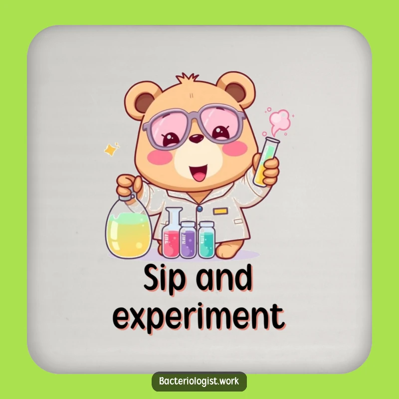Funny Bear Bacteriologist Coaster Set, Cheerful Science Decor, Gift Idea