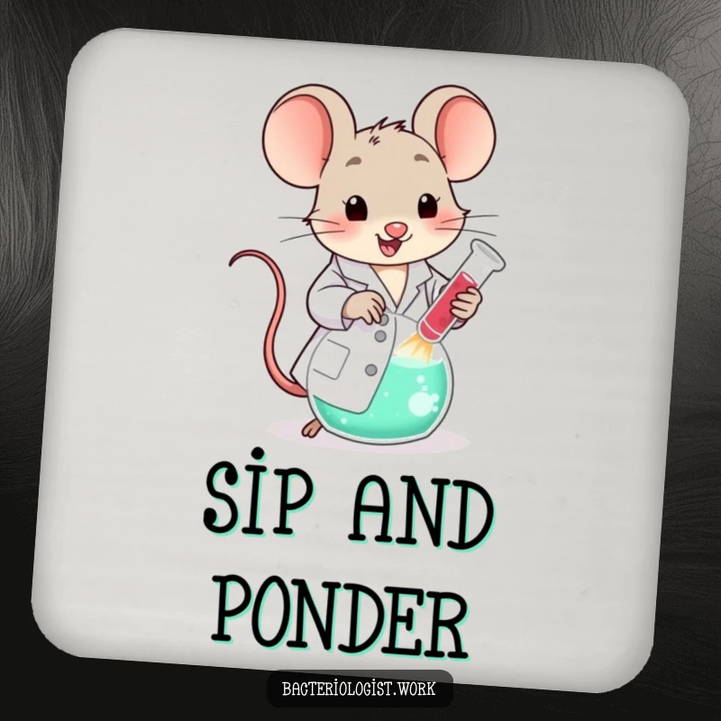 Funny scientist mouse in a lab coat, happily stirring a large bubbling beaker, a protective and humorous drink coaster.