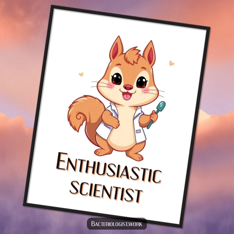 Funny squirrel bacteriologist poster, playful and enthusiastic, drawing samples, vibrant and humorous science wall art, excellent gift.