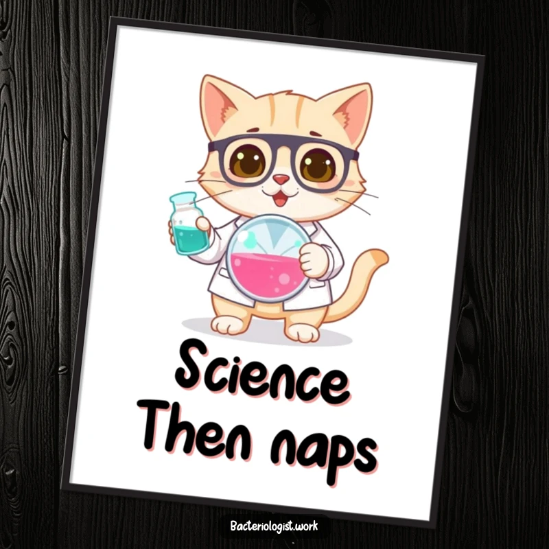 Funny cat bacteriologist poster, curious and focused, holding a petri dish, intriguing and humorous science wall art, excellent gift.