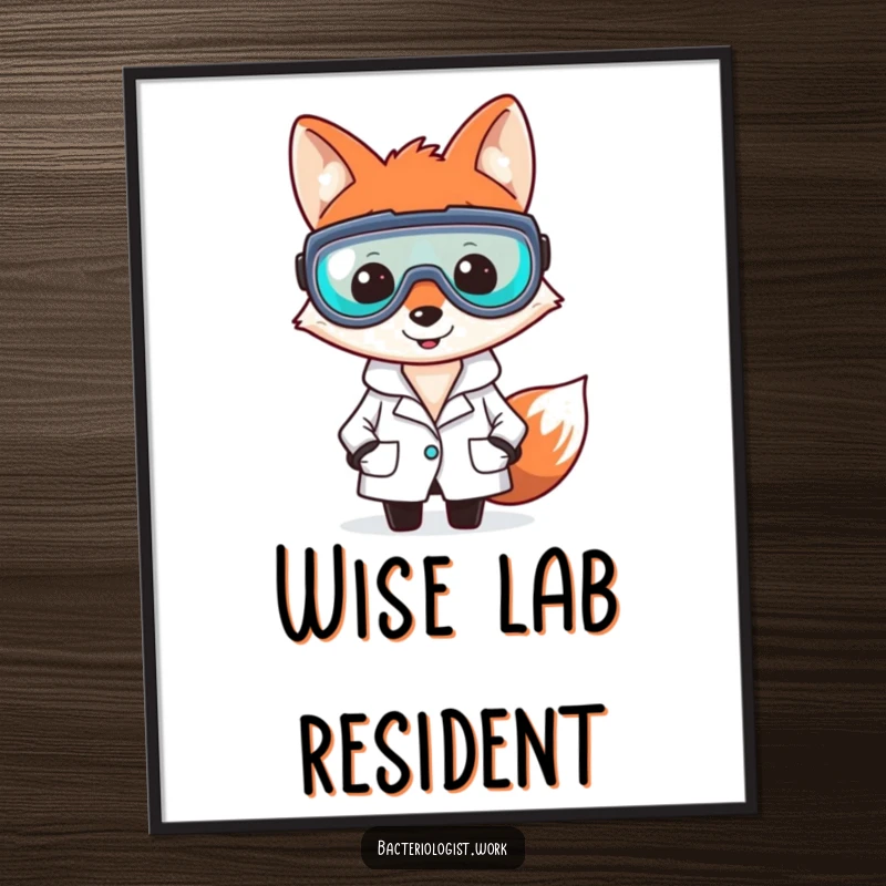 Funny fox bacteriologist poster, smiling and clever, wearing lab coat and goggles, witty and humorous science wall art, excellent gift.