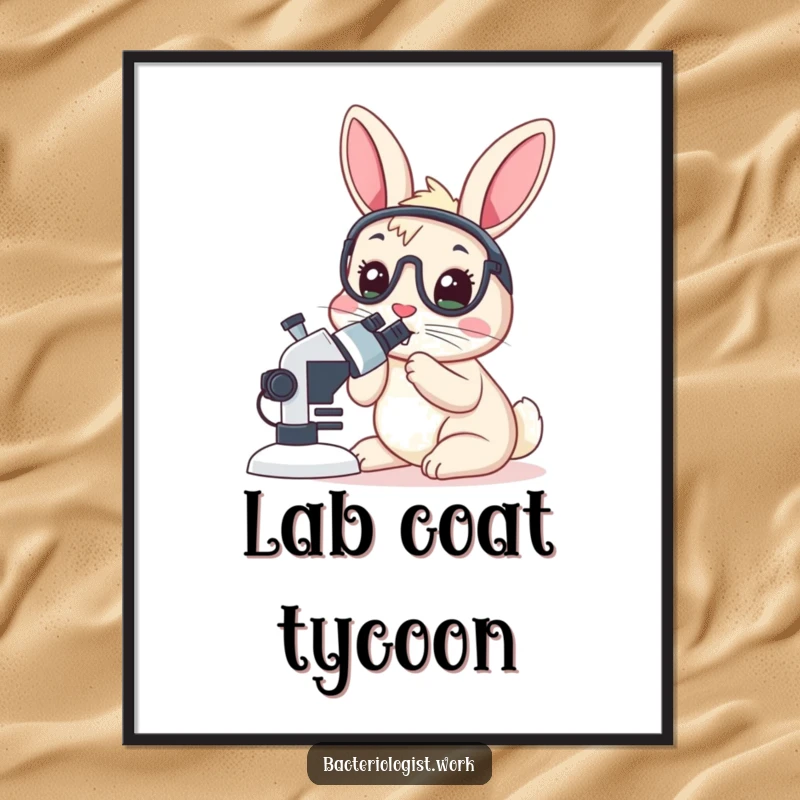 Funny rabbit bacteriologist poster, wide-eyed, peering into a microscope, humorous science wall art, excellent gift idea.