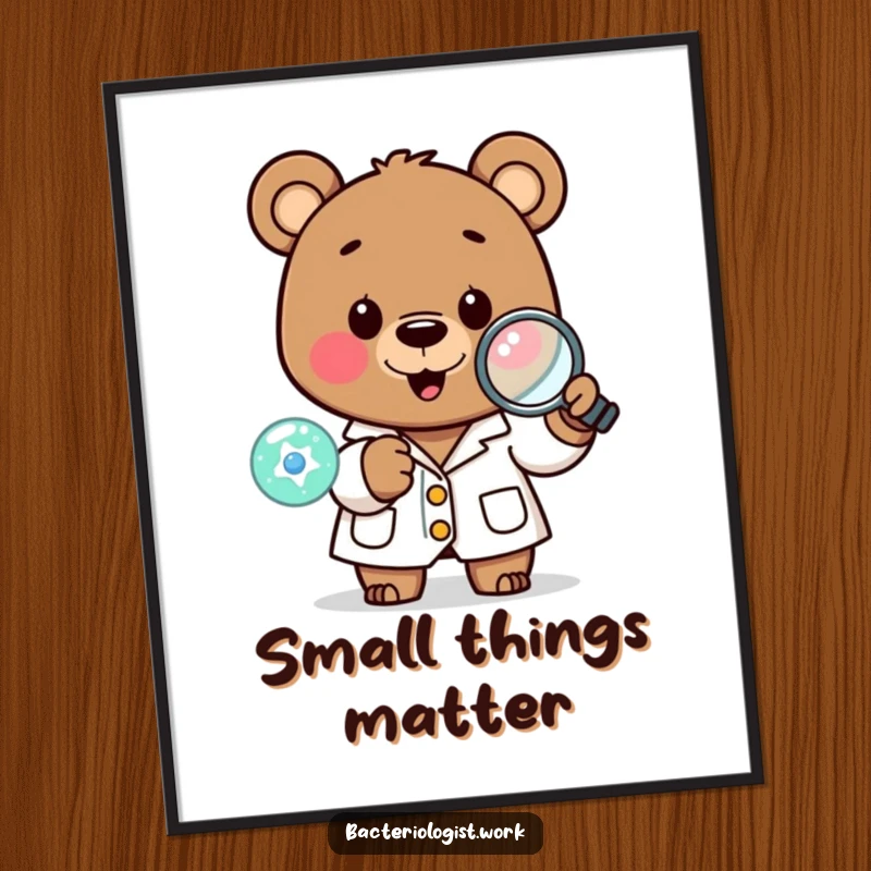 Funny scientist bear in a lab coat, happily examining a tiny cell with a magnifying glass, humorous and charming wall art.