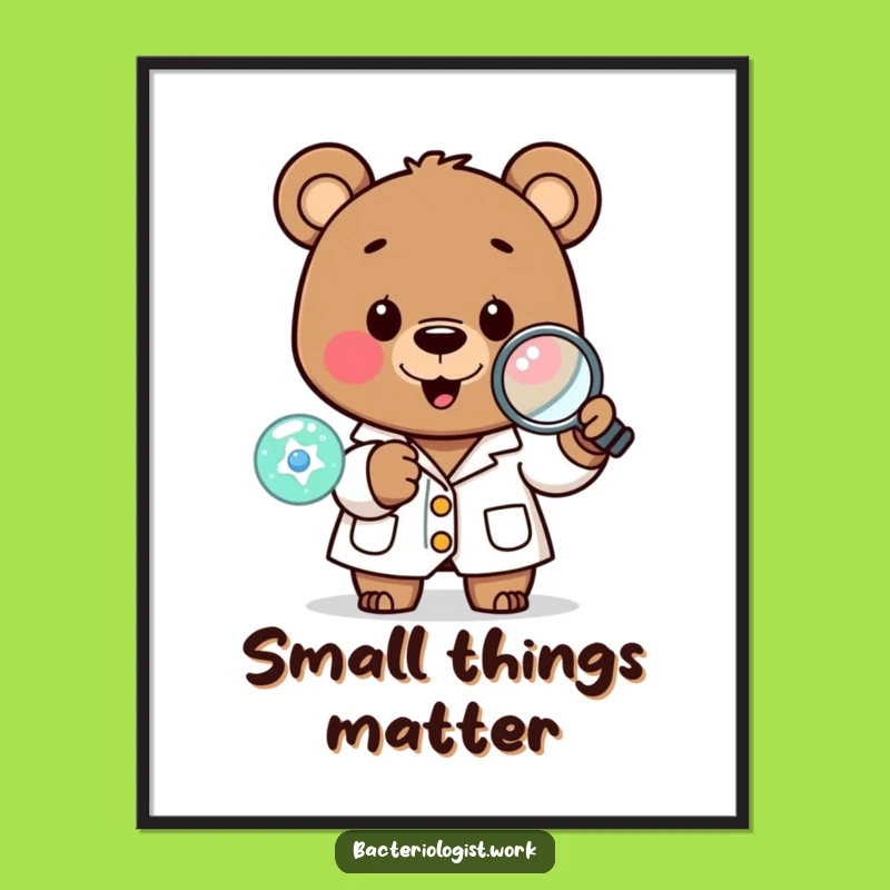 Funny Scientist Bear Poster: Happy Lab Coat Character Examining Cell, Wall Art Funny Gift