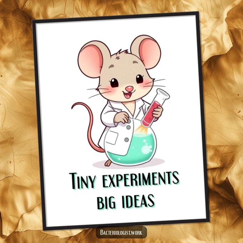 Funny scientist mouse in a lab coat, happily stirring a large bubbling beaker, vibrant and humorous wall art.