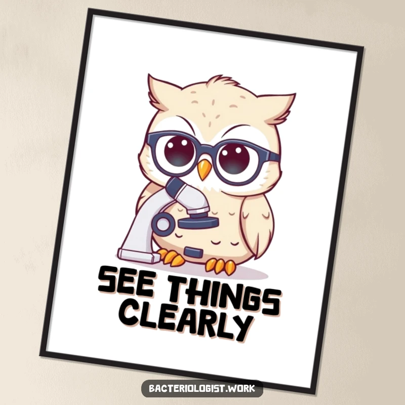 Funny scientist owl wearing spectacles, thoughtfully peering at a microscope, humorous and charming wall art.