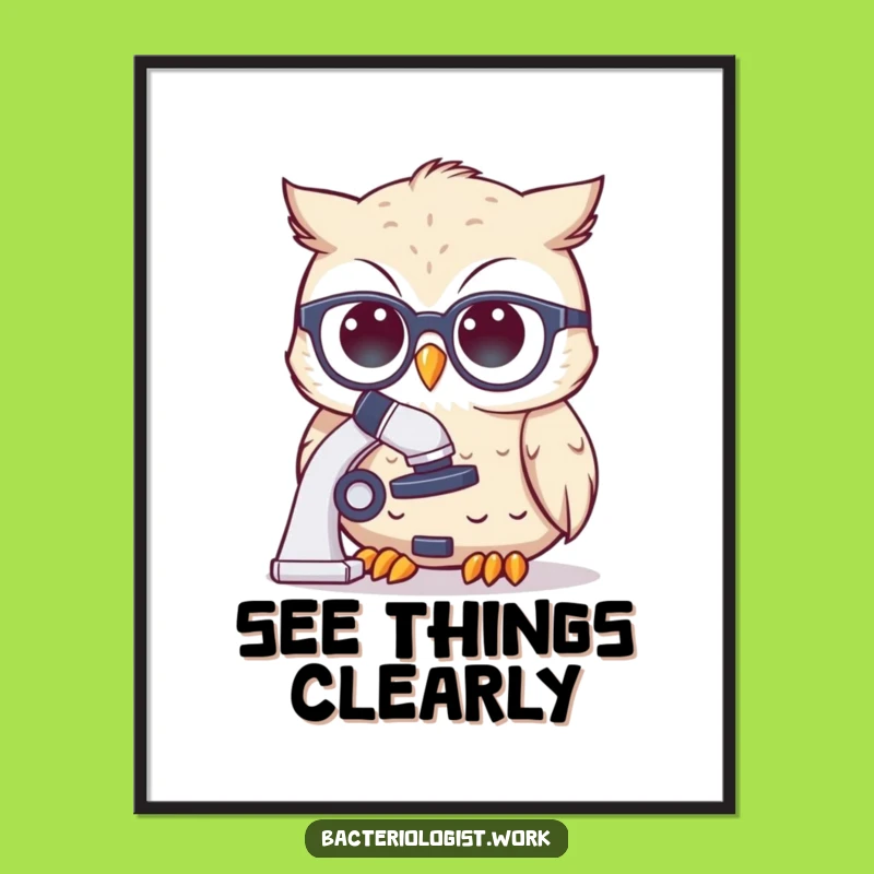 Funny Scientist Owl Poster: Cute Spectacles Character Peering at Microscope, Wall Art Funny Gift