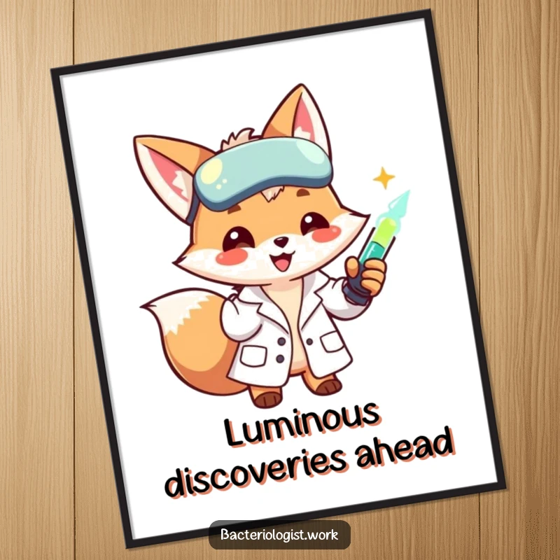 Funny scientist fox in a lab coat, smiling and injecting a glowing liquid, vibrant and humorous wall art.