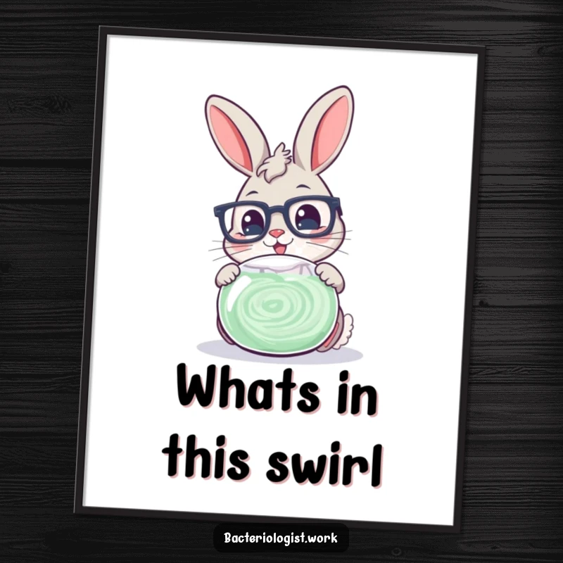 Funny scientist bunny wearing glasses, cheerfully examining a swirling petri dish, charming and humorous wall art.