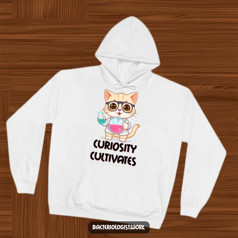 Funny cat bacteriologist hoodie, curious and focused, holding a petri dish, cozy and humorous science apparel, great gift.
