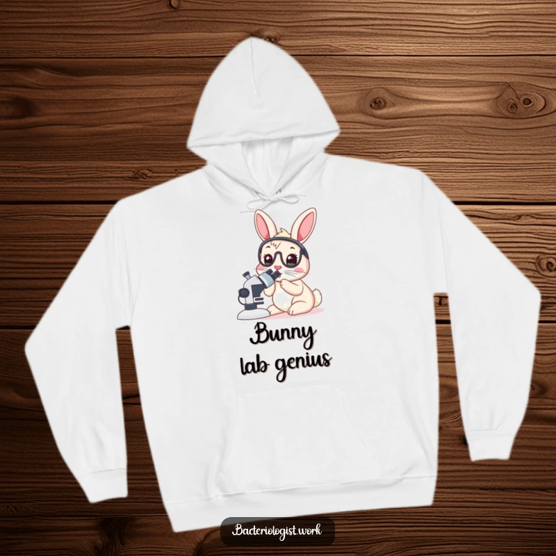 Funny rabbit bacteriologist hoodie, wide-eyed, peering into a microscope, cozy and humorous science apparel, great gift.