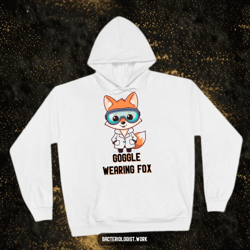 Funny fox bacteriologist hoodie, smiling and clever, wearing lab coat and goggles, cozy and humorous science apparel, great gift.