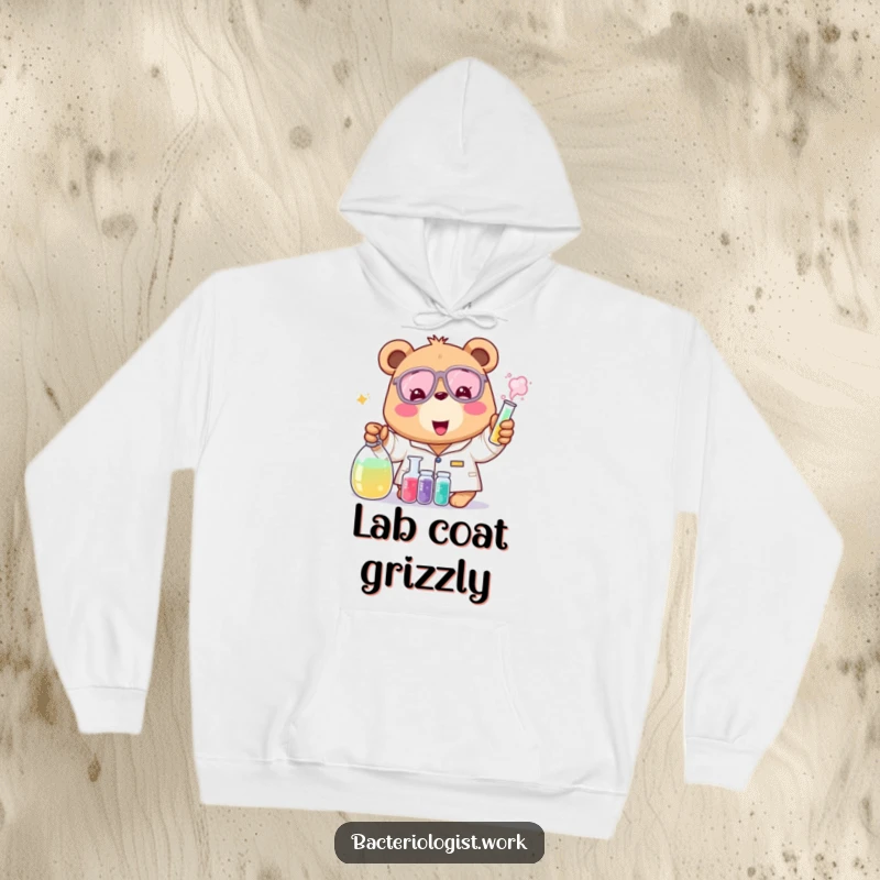 Funny bear bacteriologist hoodie, cheerful and excited, mixing colorful liquids, cozy and humorous science apparel, great gift.