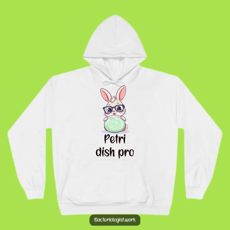 Funny Scientist Bunny Hoodie: Cozy Glasses-Wearing Character Examining Petri Dish, Warm Funny Gift