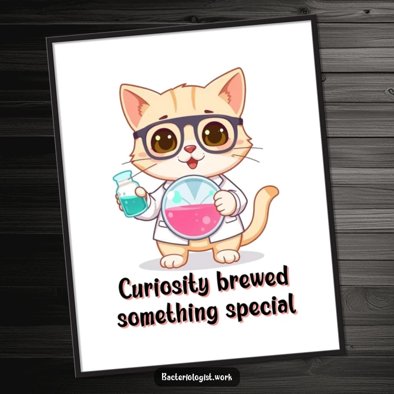 Funny free printable wall art: A curious cat bacteriologist holds a petri dish, showcasing scientific exploration and quirky charm.