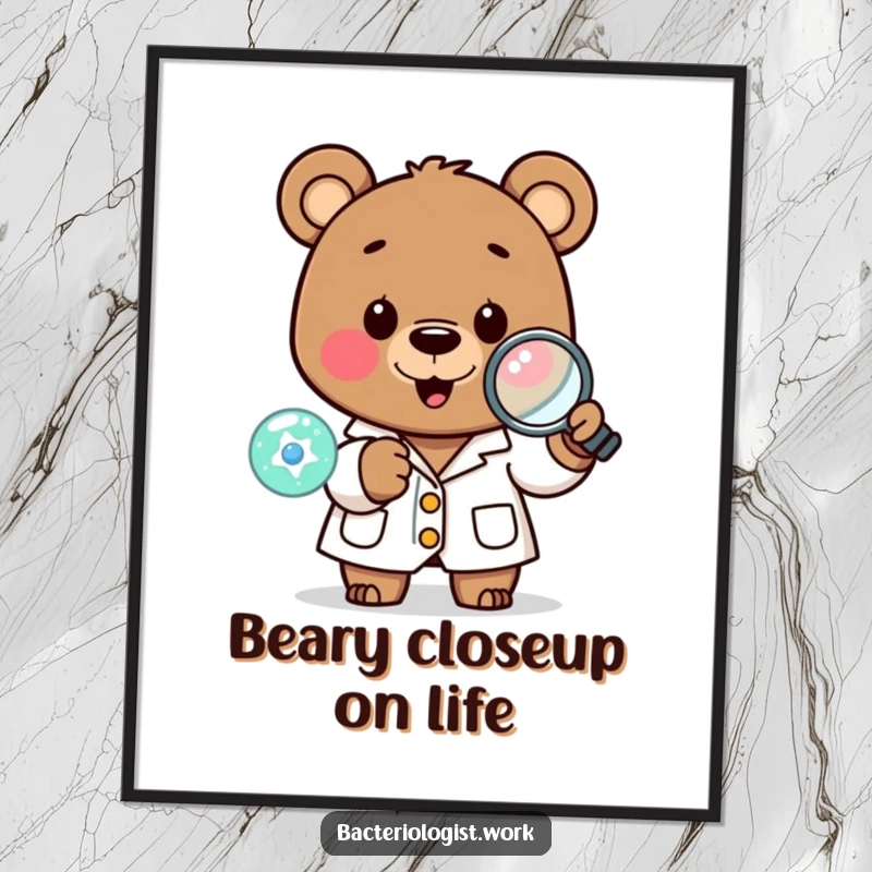 Funny Free Printable Wall Art: A happy bear in a lab coat uses a magnifying glass to examine a tiny cell.