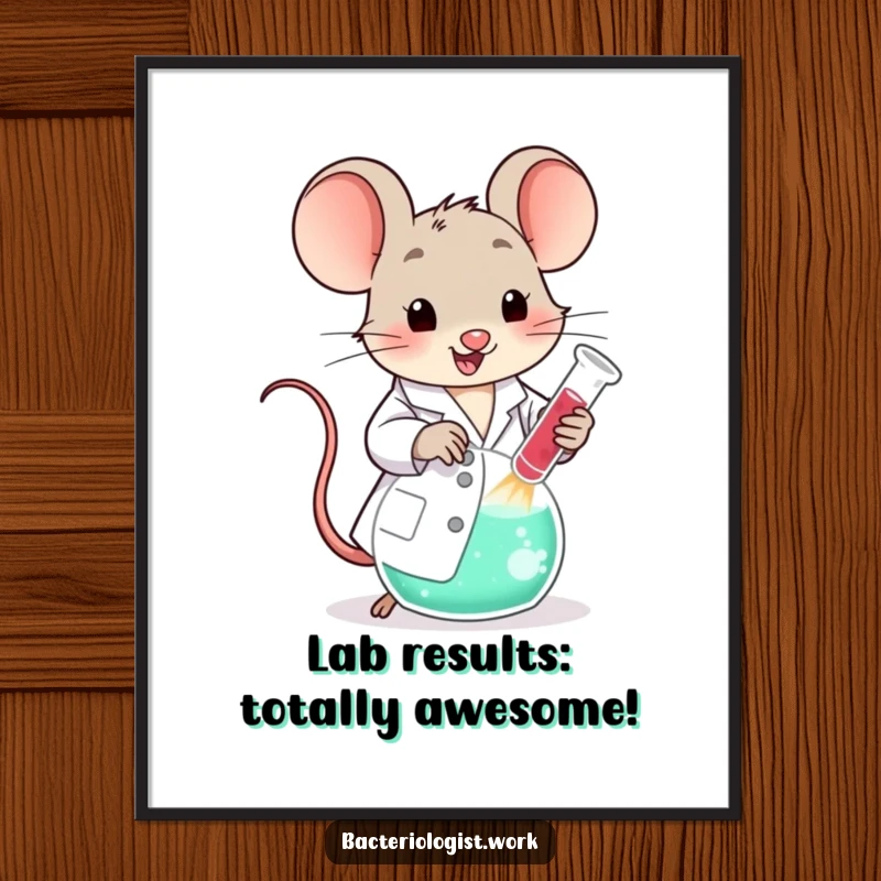 Funny Free Printable Wall Art: A cute lab mouse in a coat happily stirs a large, bubbling beaker with scientific glee.