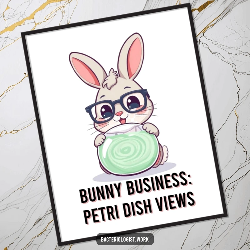 Funny Free Printable Wall Art: A cheerful bunny with glasses examines a swirling petri dish with focused, scientific curiosity.