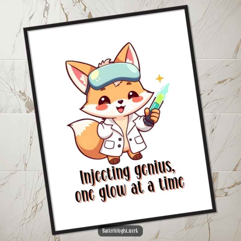 Funny Free Printable Wall Art: A smiling fox in a lab coat injects a glowing liquid with a mischievous, scientific air.
