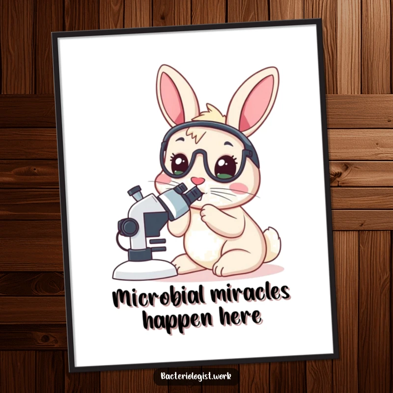 Funny free printable wall art: A rabbit bacteriologist intently peering into a microscope, surrounded by lab elements, for comedic scientific decor.