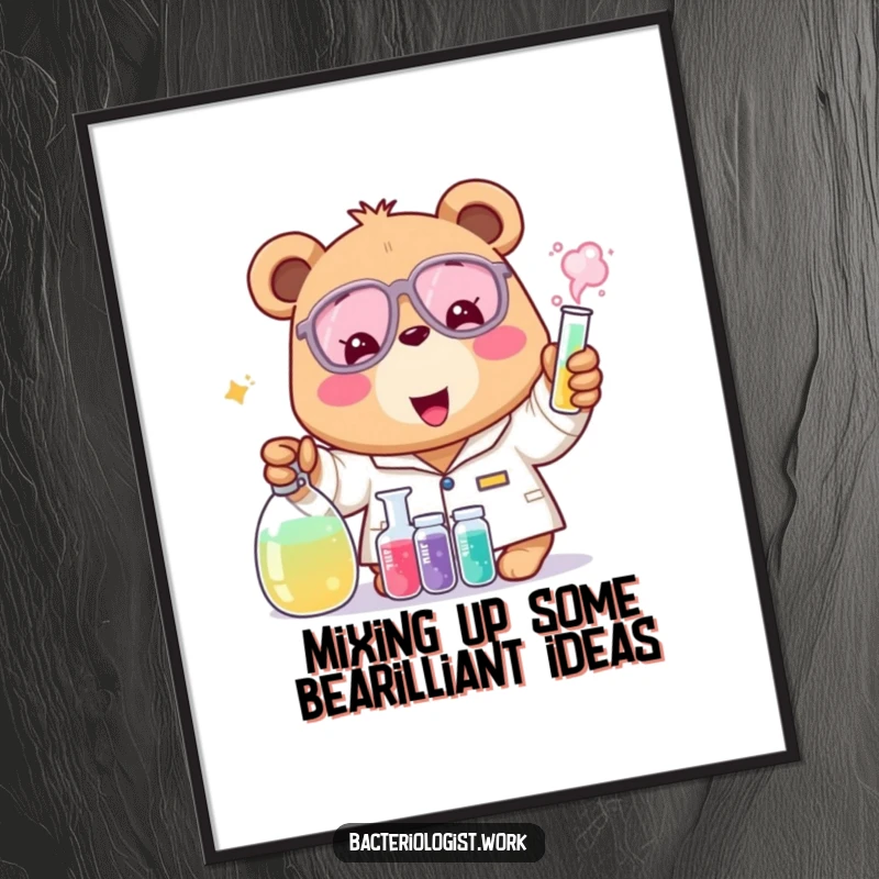 Funny free printable wall art: A cheerful bear bacteriologist excitedly mixing colorful liquids, bringing vibrant energy to decor.