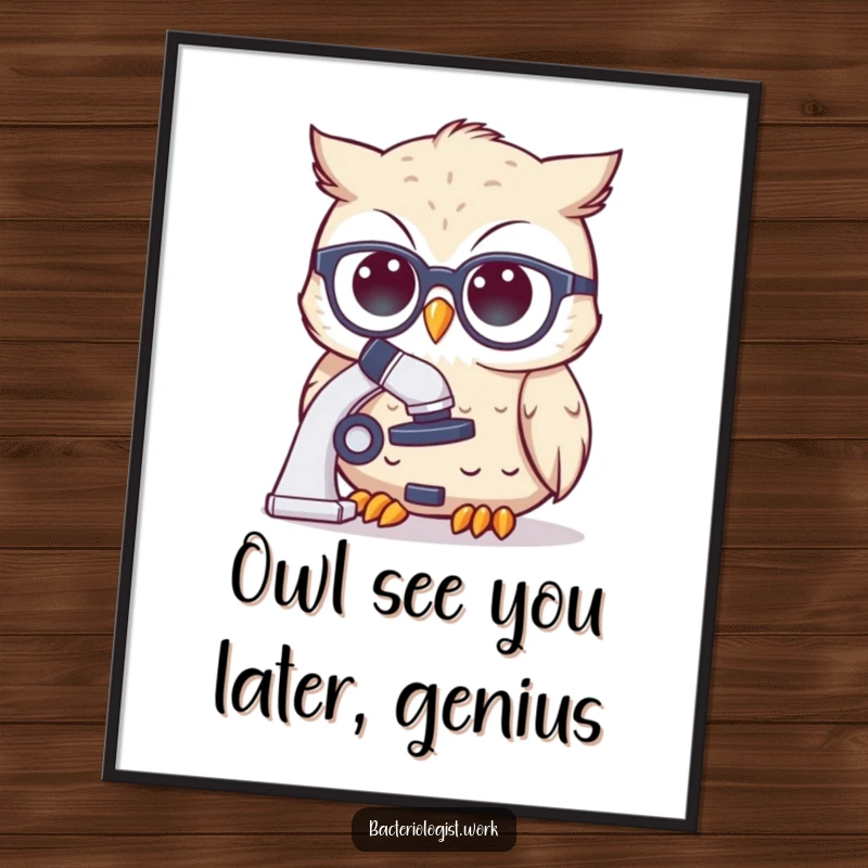 Funny Free Printable Wall Art: A cute owl with spectacles thoughtfully peers at a microscope, embodying wisdom.