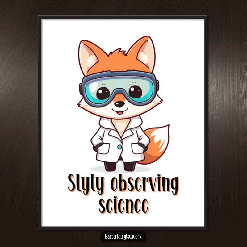 Funny free printable wall art: A smiling fox bacteriologist in a lab coat and goggles, looking sharp and smart.
