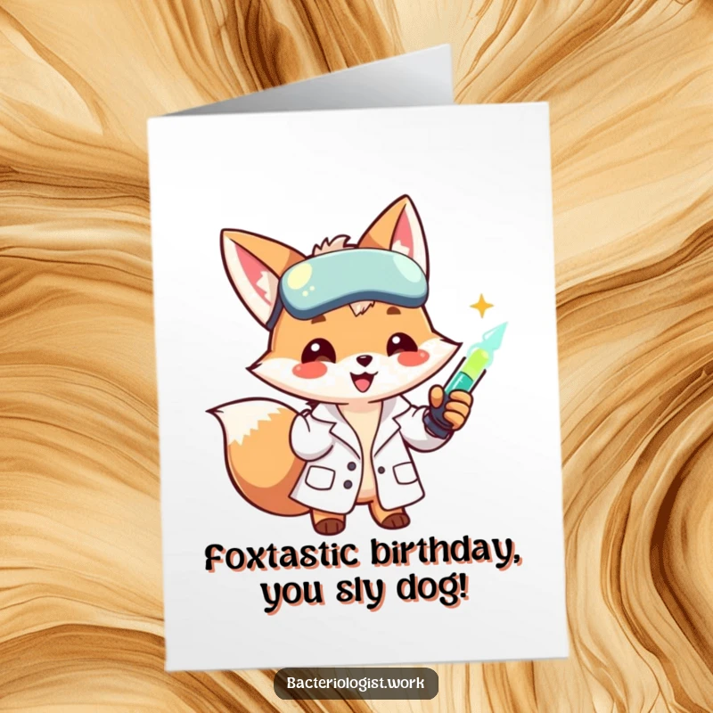 Funny Free Printable Birthday Card: A smiling fox scientist in a lab coat injects a glowing liquid into a test tube.