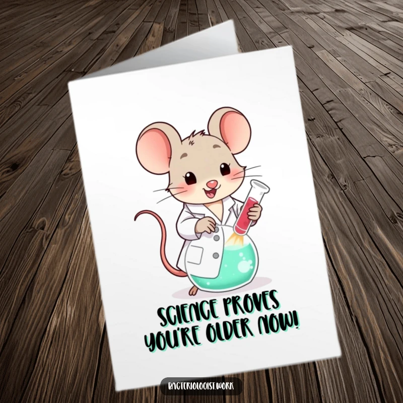 Funny Free Printable Birthday Card featuring a cheerful lab mouse in a coat enthusiastically stirring a bubbling beaker.