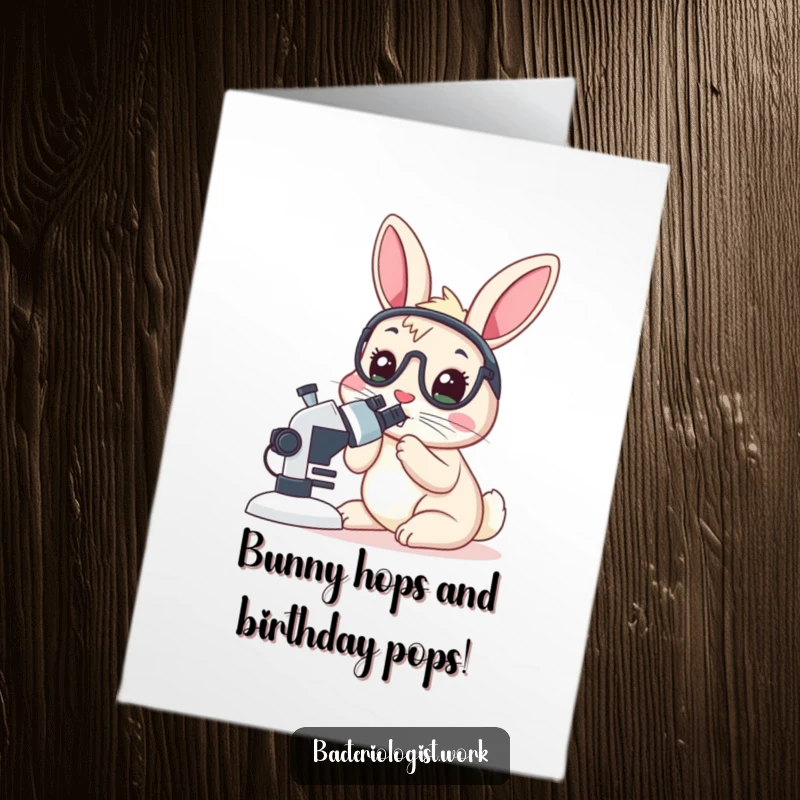 Funny free printable birthday card: A rabbit bacteriologist peers wide-eyed into a microscope, ready for scientific LOLs.