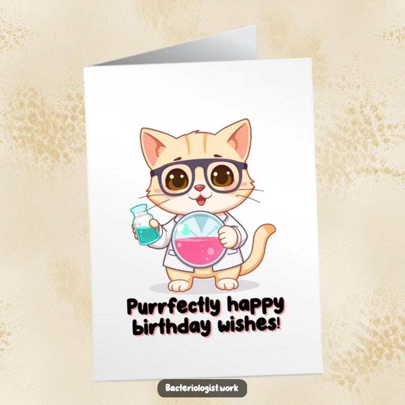 Funny free printable birthday card: A curious cat bacteriologist intently holds a petri dish, examining its contents with fascination.