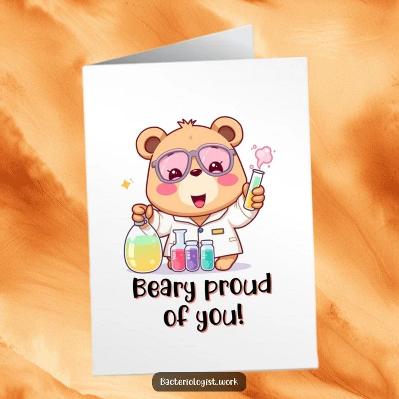 Funny free printable congratulations card: A cheerful bear bacteriologist enthusiastically mixing colorful liquids, celebrating a scientific success.