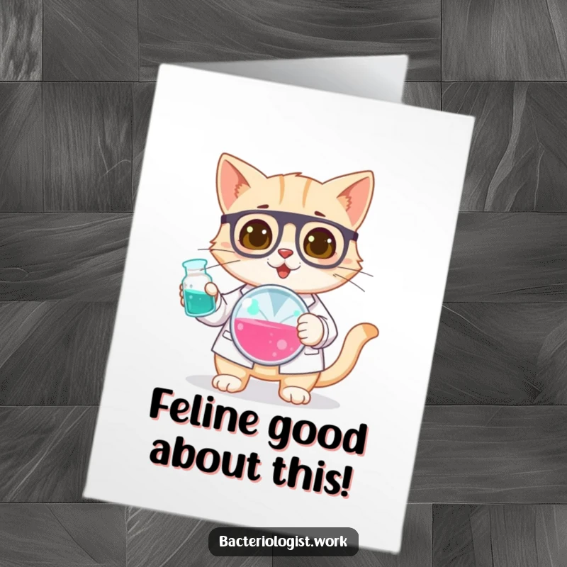 Funny free printable congratulations card: A curious cat bacteriologist examines a petri dish, signaling scientific success and celebration.