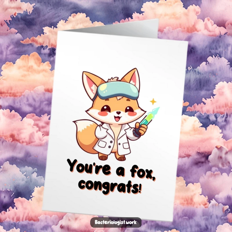 Funny Free Printable Congratulations Card: A smiling fox scientist injects a glowing liquid, symbolizing a successful experiment.