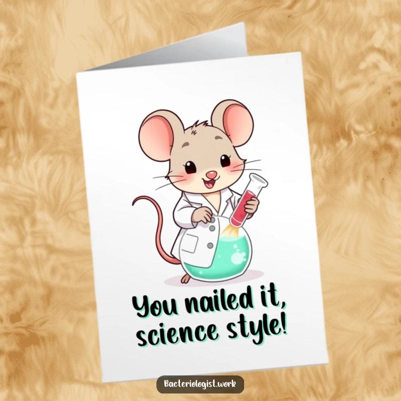 Funny Free Printable Congratulations Card: A smiling lab mouse in a coat celebrates a successful experiment with a bubbling beaker.