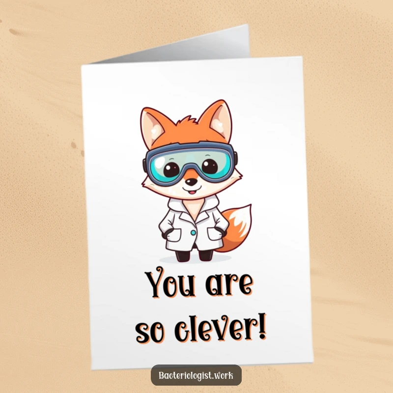 Funny free printable congratulations card: A smiling fox bacteriologist in a lab coat and goggles, celebrating a clever scientific success.