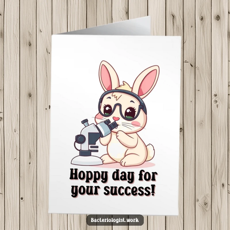 Funny free printable congratulations card: A rabbit bacteriologist wide-eyed at a microscope, celebrating a scientific breakthrough with glee.
