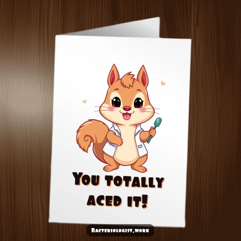 Funny free printable congratulations card: A playful squirrel bacteriologist excitedly draws samples, celebrating a successful discovery.
