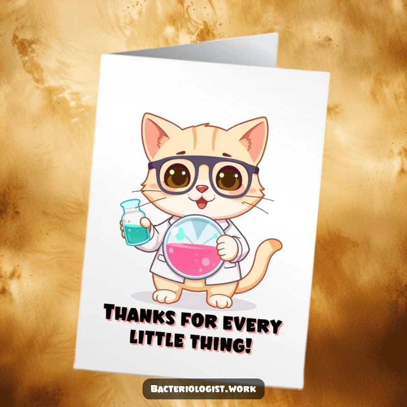 Funny free printable thank you card: A curious cat bacteriologist holds a petri dish, offering thanks with scientific intrigue.